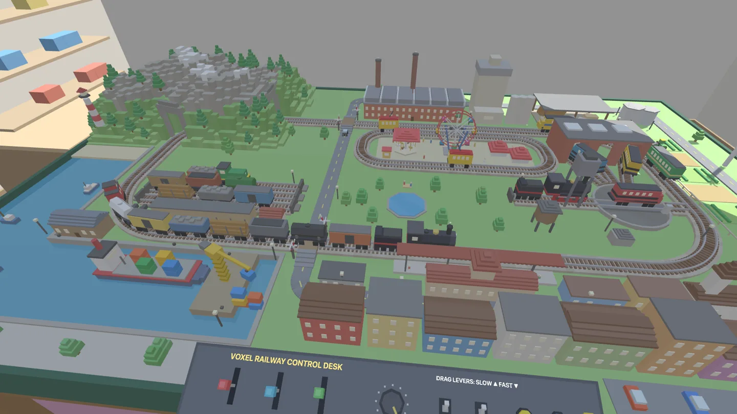 Voxel model train layout on a table with a harbor, factory, ferris wheel, and a control desk at the front