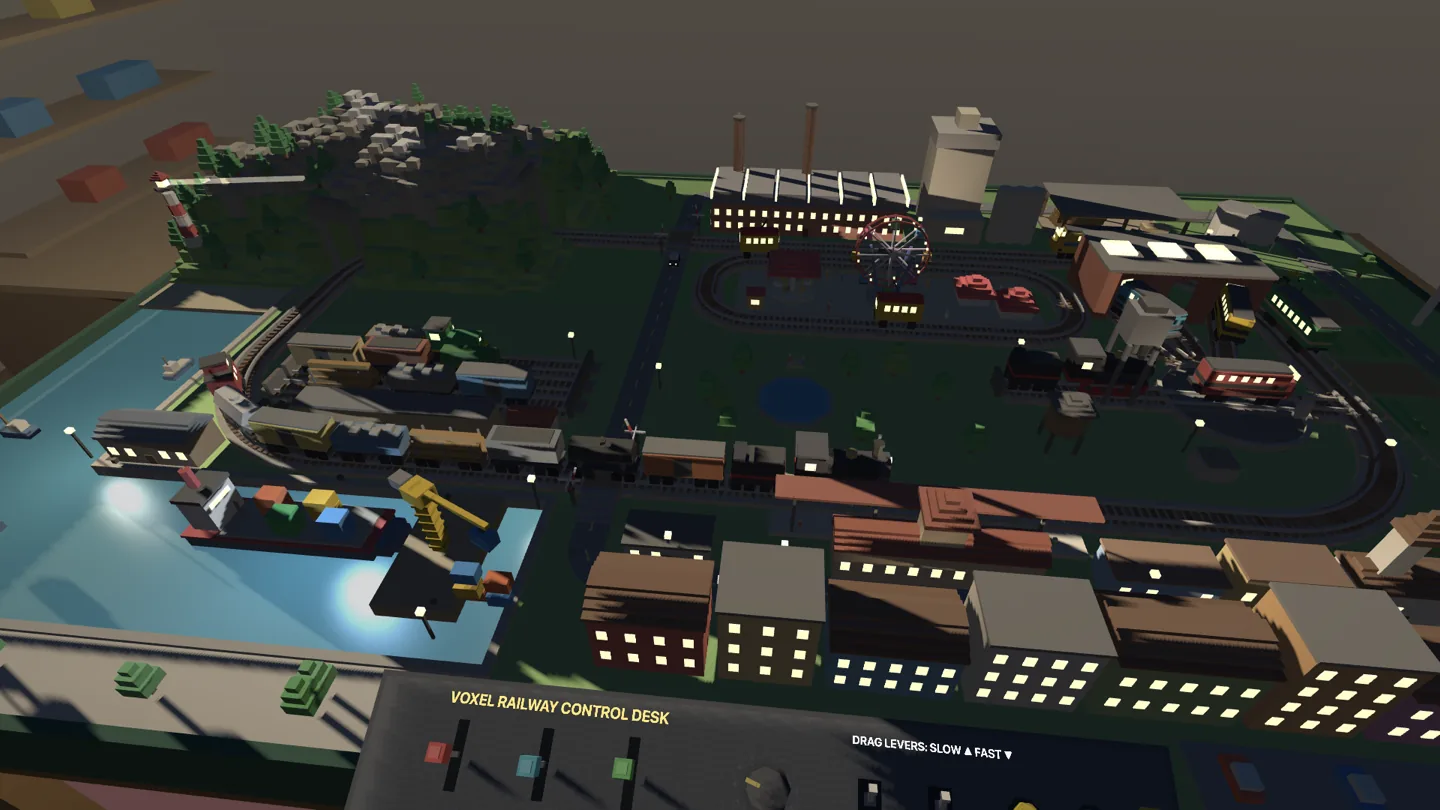 The same voxel train layout at dusk, with lit windows, street lamps, and train headlights